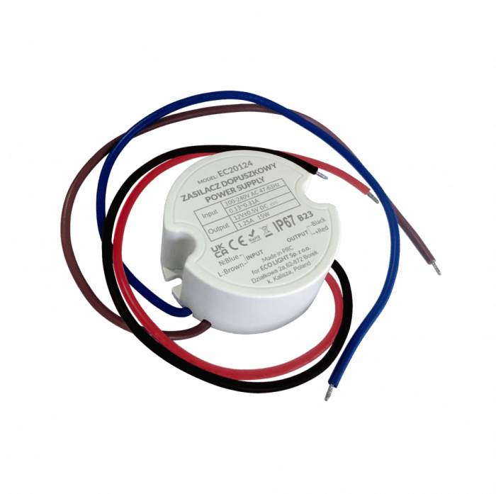 Zasilacz do puszk fi60 1,67A 20W 12V IP67 50x50x22