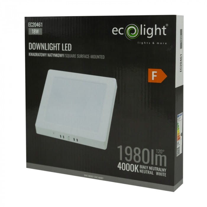 Downlight natynkowy kwadrat 18W 4000K biały