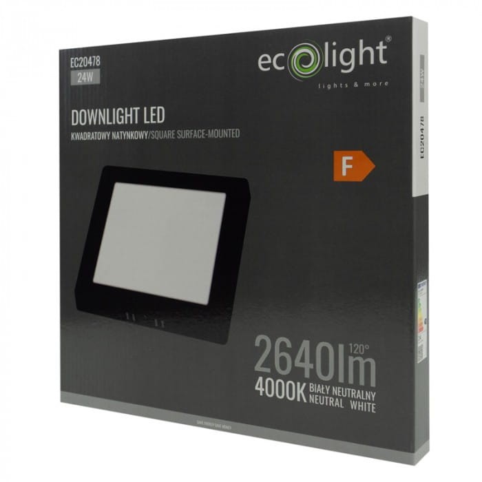 Downlight natynkowy kwadrat 24W 4000K czarny