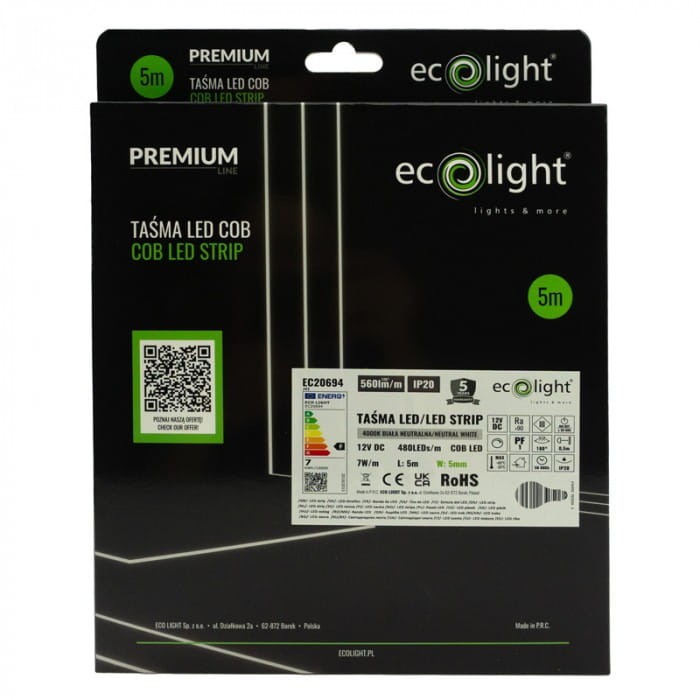 Taśma LED 12V COB 480 7W/m biała neutralna  4000K IP20 5mm/5m