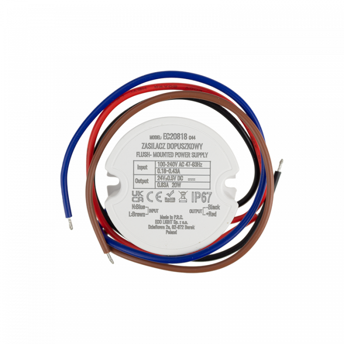 Zasilacz do puszki fi60 0,8A 20W 24V IP67 50x22