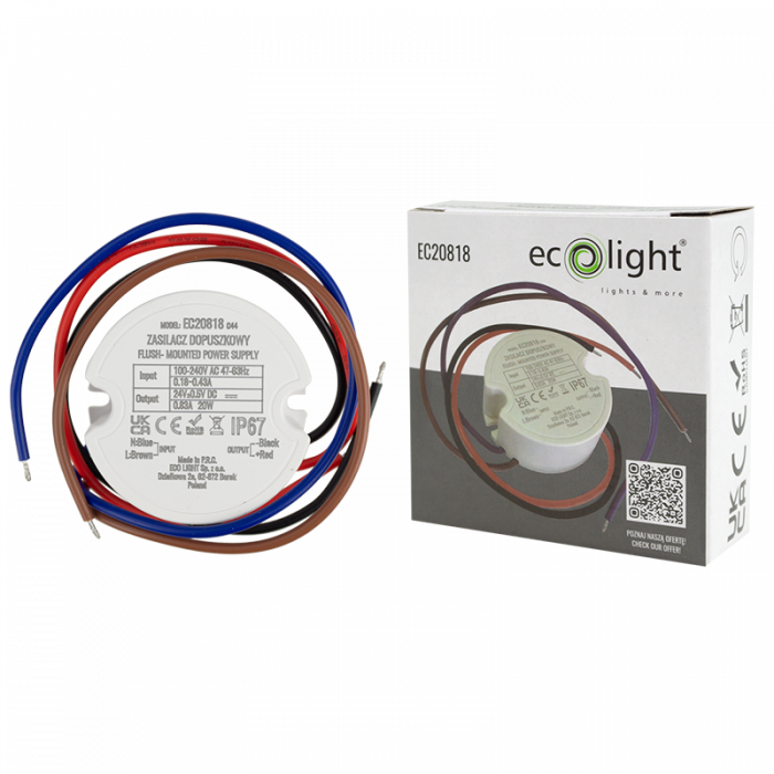 Zasilacz do puszki fi60 0,8A 20W 24V IP67 50x22