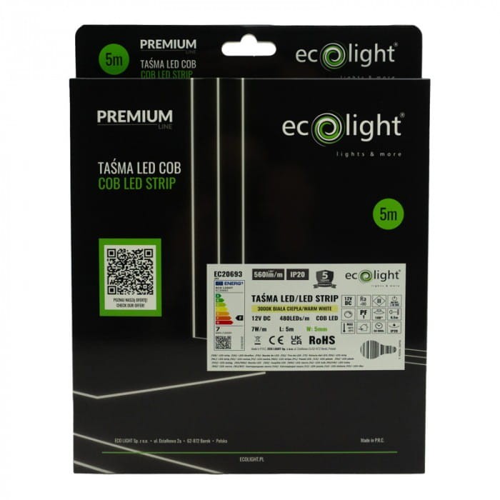 Taśma LED 12V COB 480 7W/m biała ciepła 3000K IP20 5mm/5m
